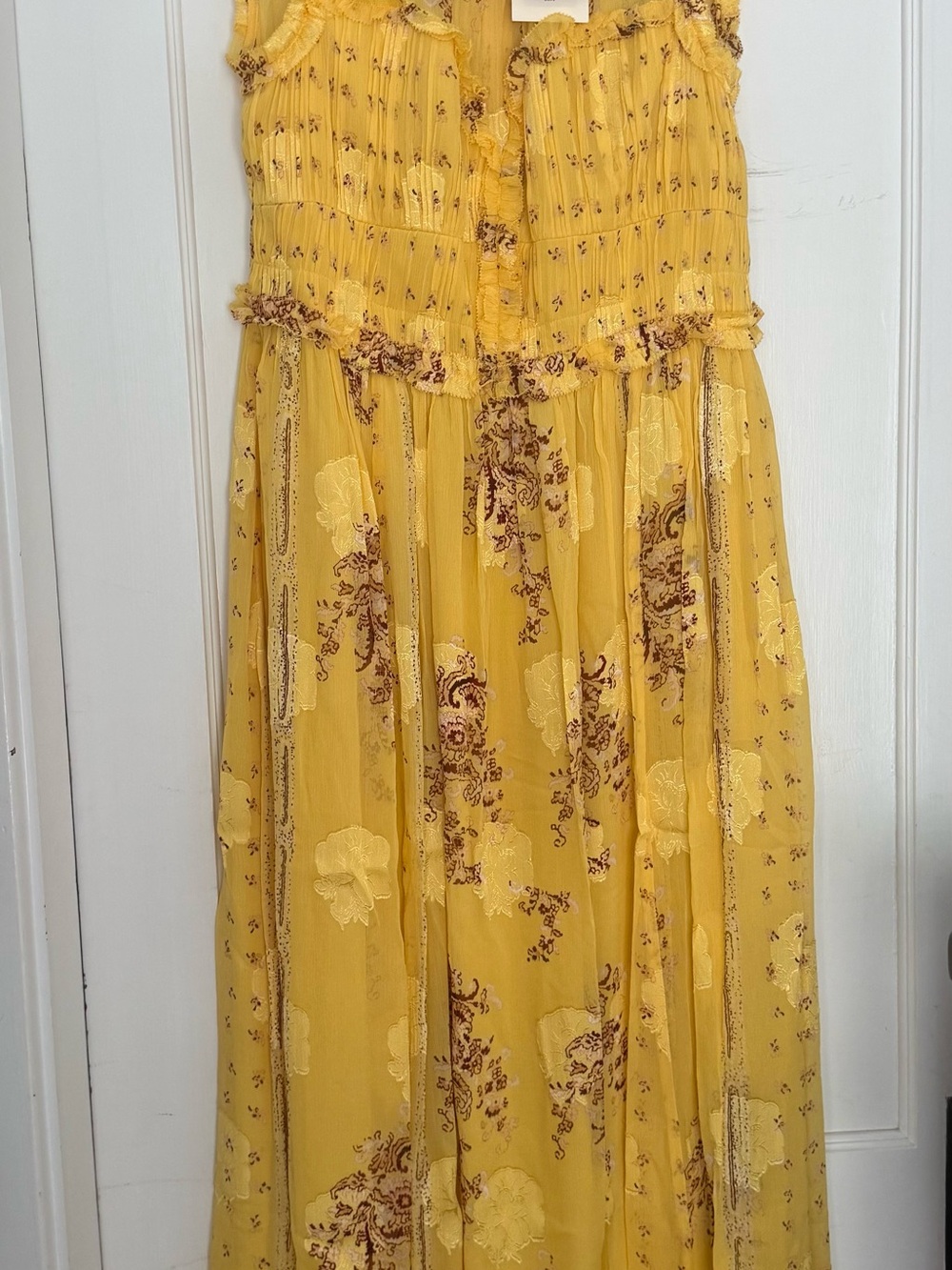 Ulla Johnson Yellow Floral Midi Dress with Ruffle Details
